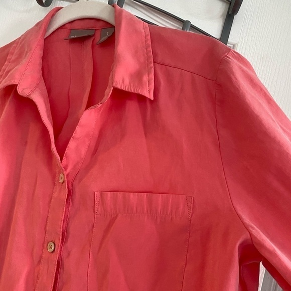 Chico's Sz 1 Button Up Top Womens Medium/8 Pink orange‎ Color Roll Tab Sleeve - Picture 5 of 12